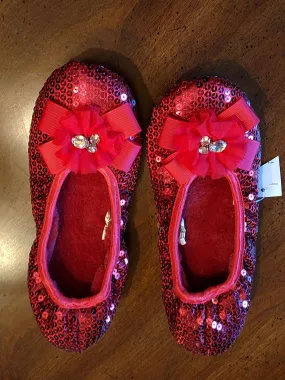 *  NEW WITH TAG SPARKLING SEQUIN & RHINESTONE BOWS BEDROOM SLIPPERS IN RUBY