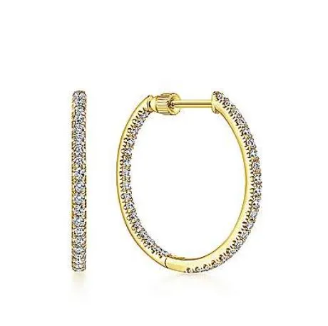 14K Yellow Gold French Pavé 20mm Round Inside Out Diamond Hoop Earrings