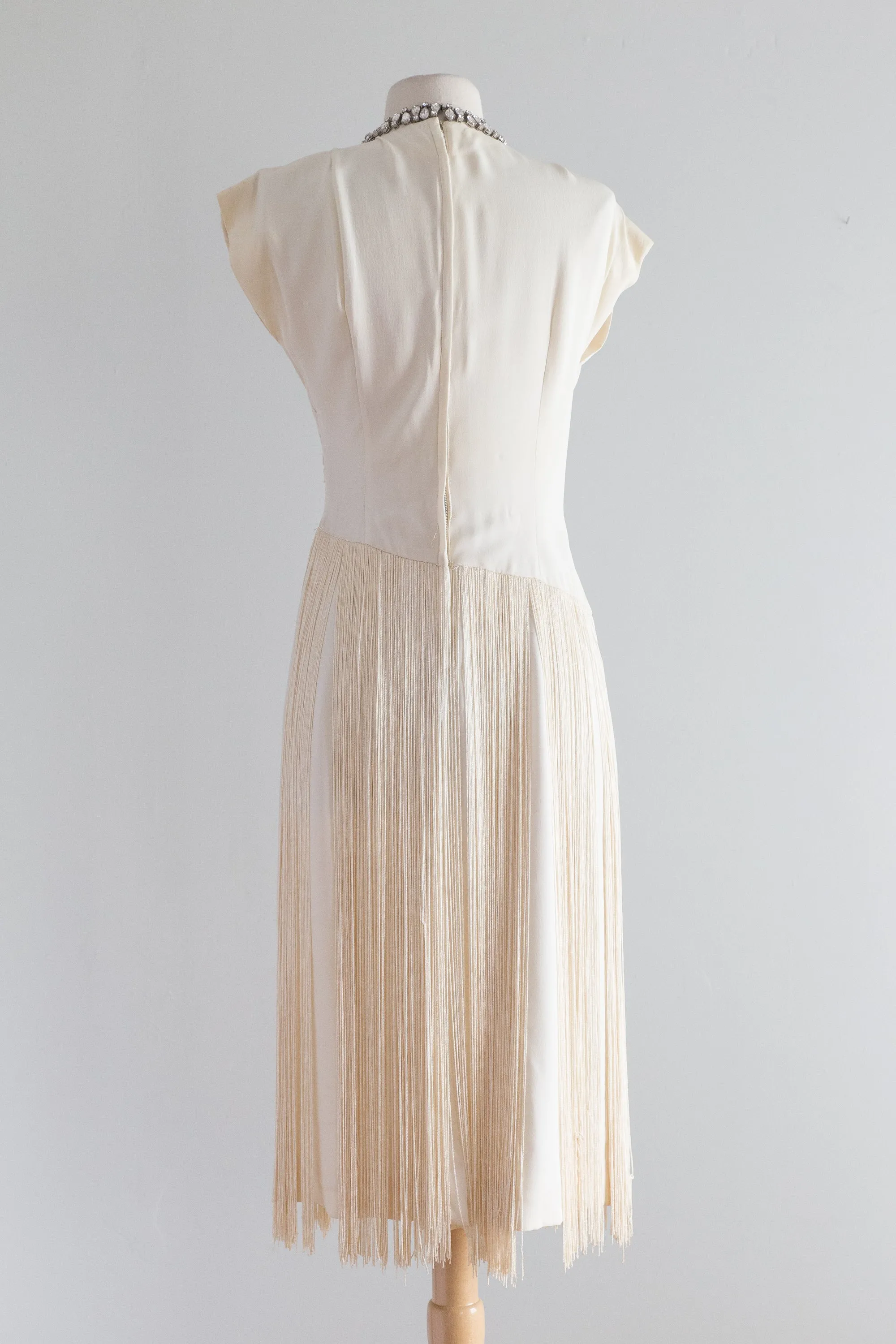 1940's Ivory Crepe Cocktail Dress With Fringe By Frank Tisch / Small