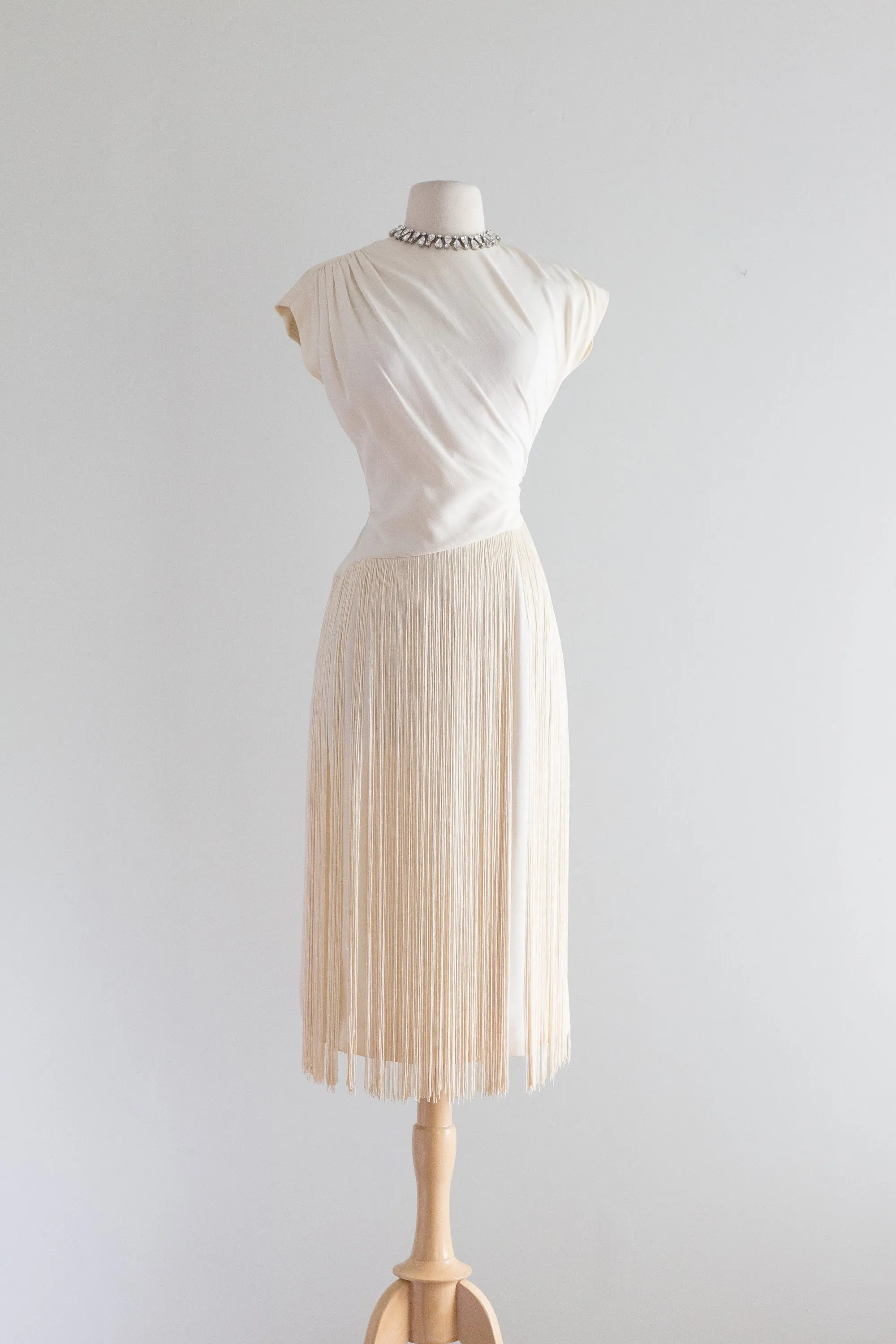 1940's Ivory Crepe Cocktail Dress With Fringe By Frank Tisch / Small