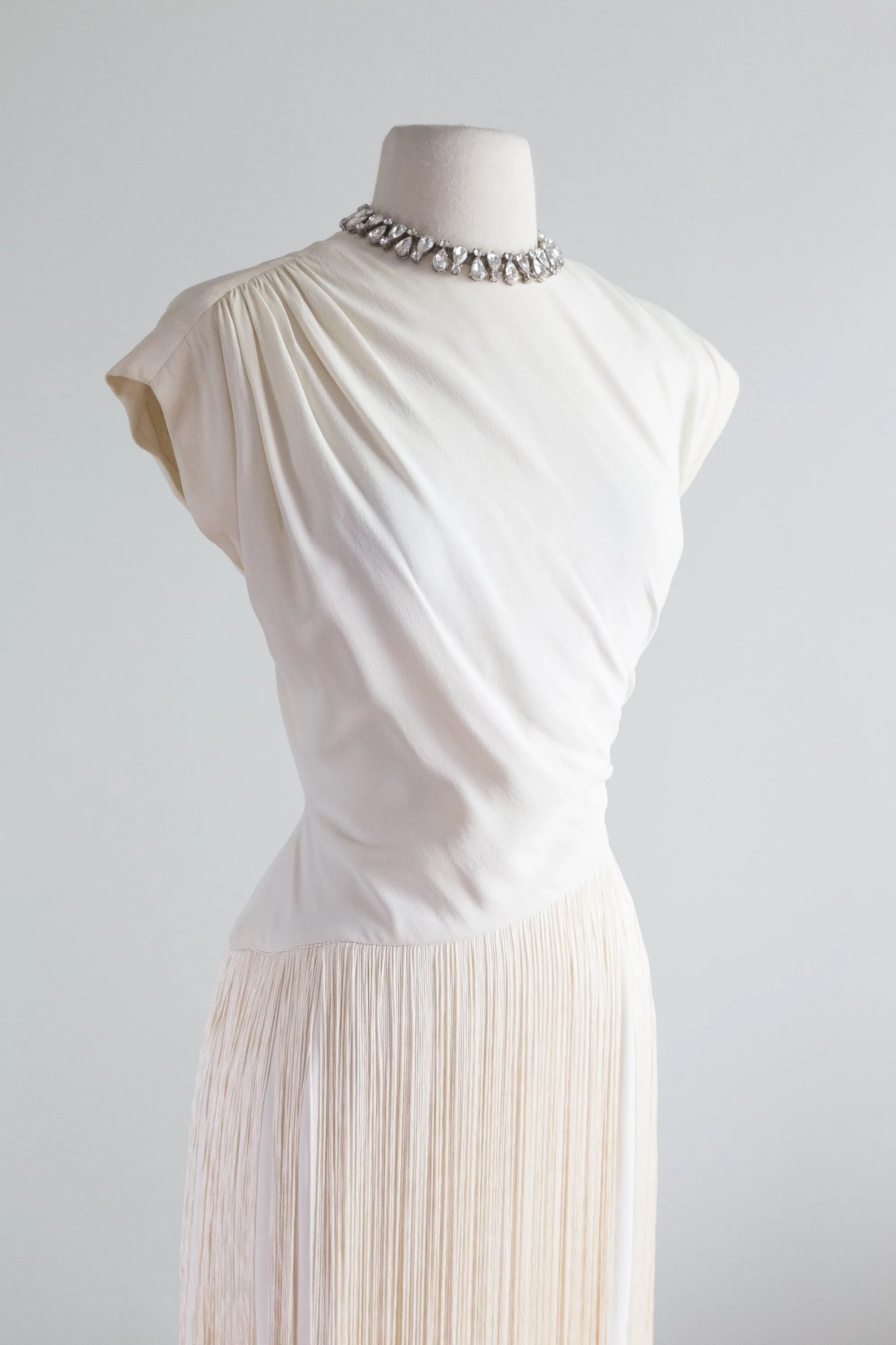 1940's Ivory Crepe Cocktail Dress With Fringe By Frank Tisch / Small