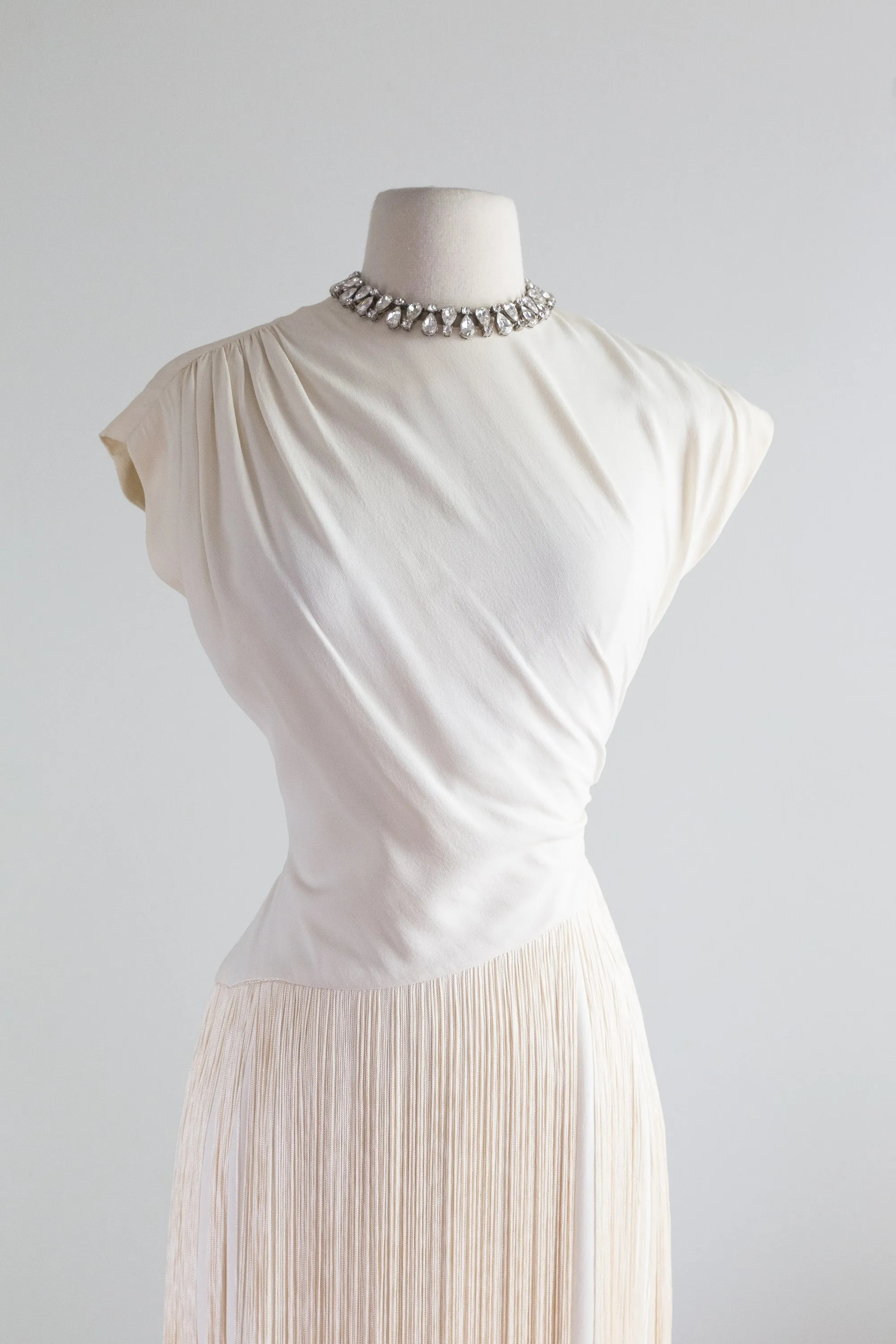 1940's Ivory Crepe Cocktail Dress With Fringe By Frank Tisch / Small