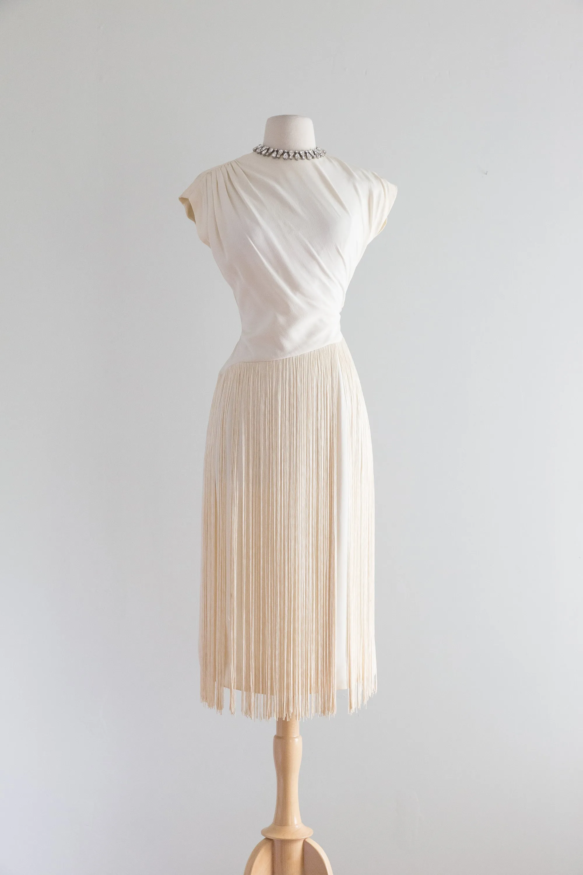 1940's Ivory Crepe Cocktail Dress With Fringe By Frank Tisch / Small