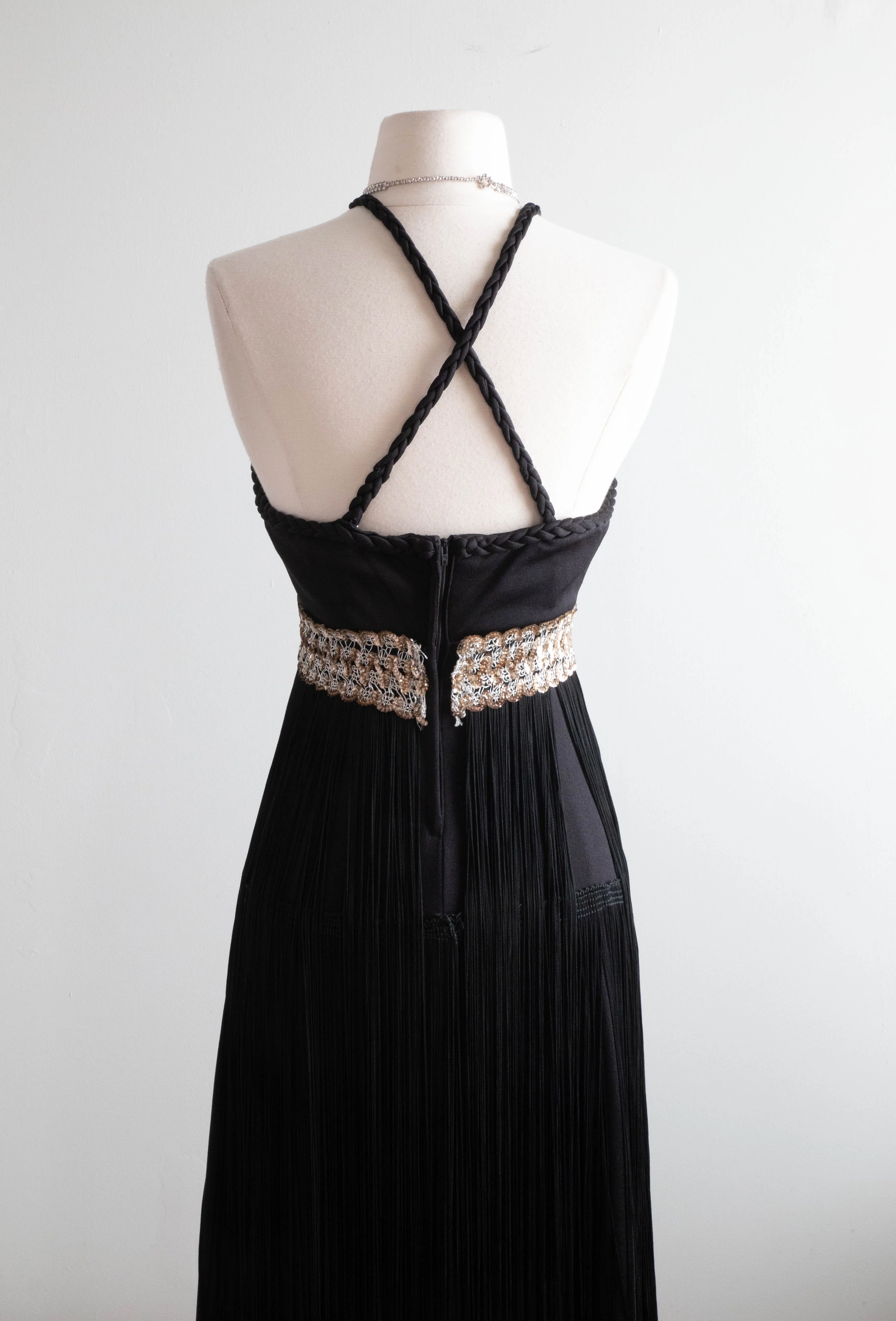 1970s Disco Glam Black Full Fringe Maxi Dress / Small