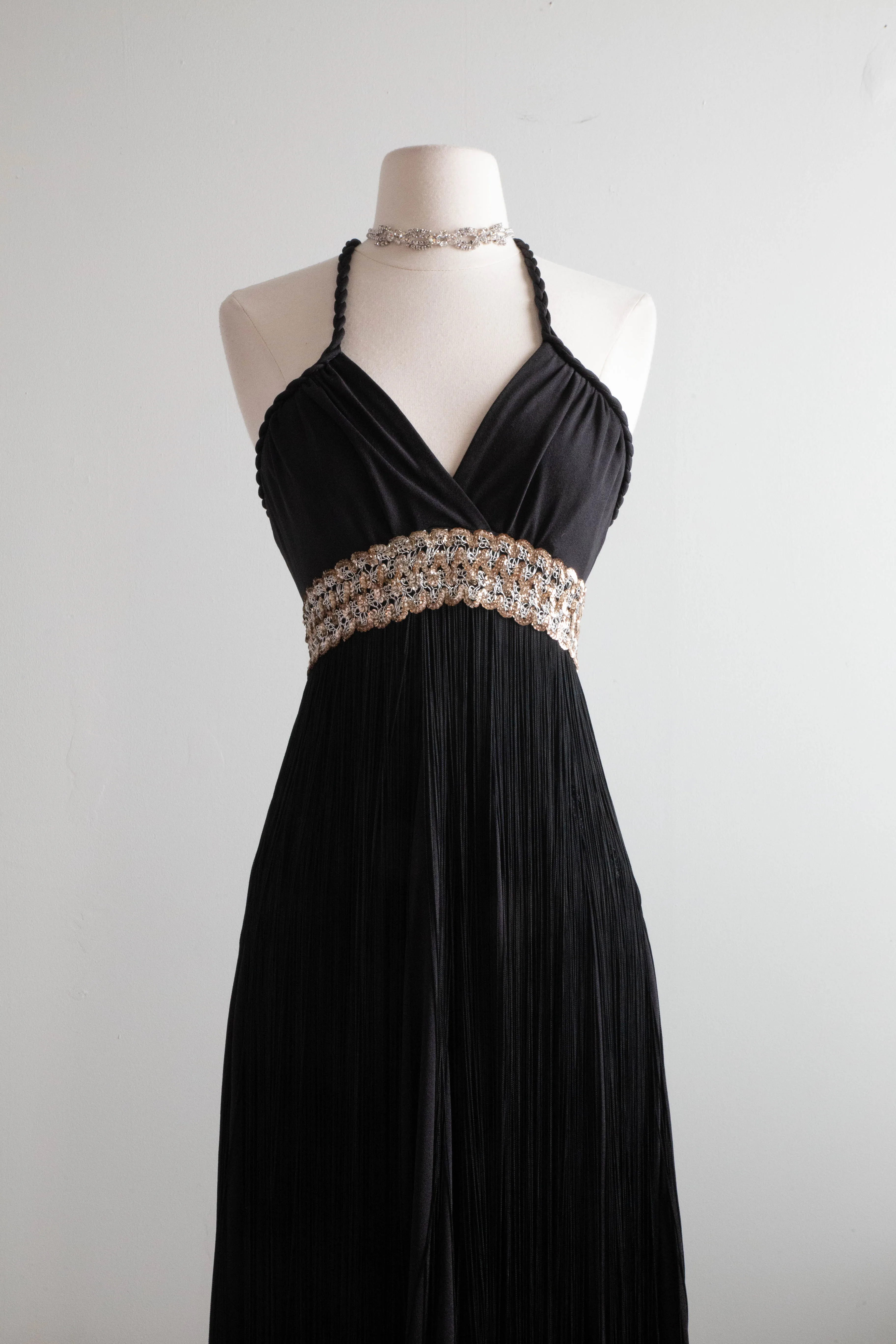 1970s Disco Glam Black Full Fringe Maxi Dress / Small