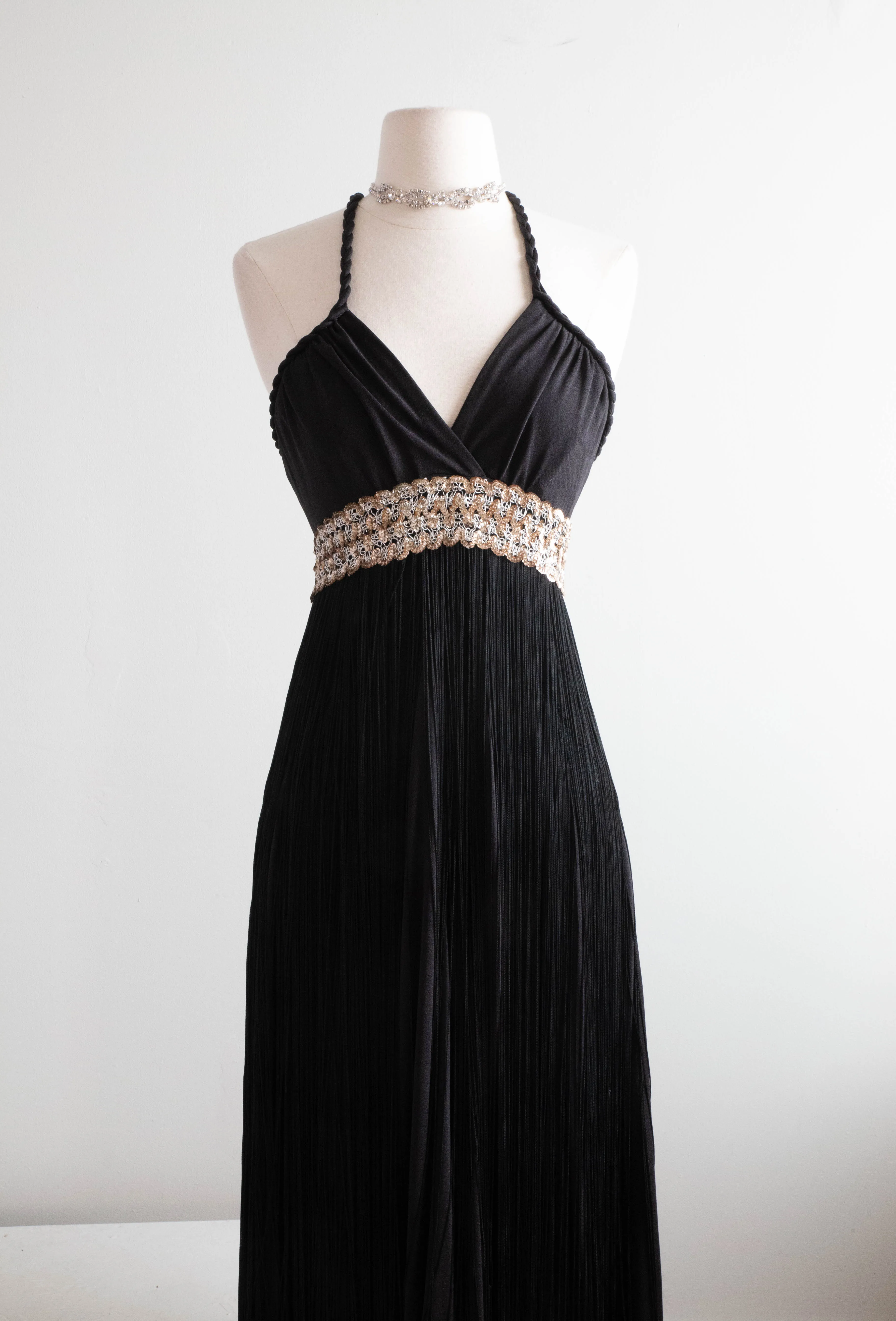 1970s Disco Glam Black Full Fringe Maxi Dress / Small