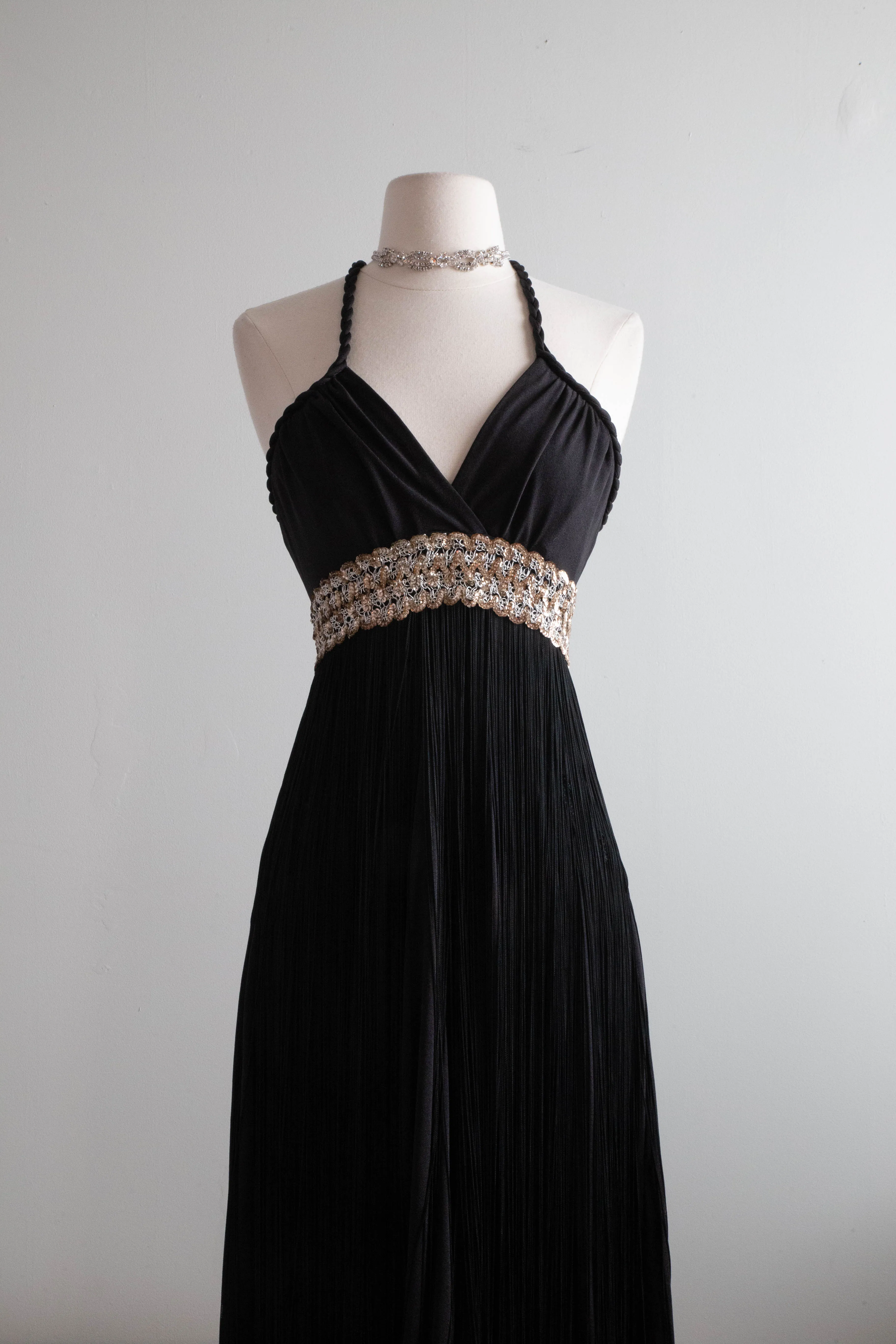 1970s Disco Glam Black Full Fringe Maxi Dress / Small