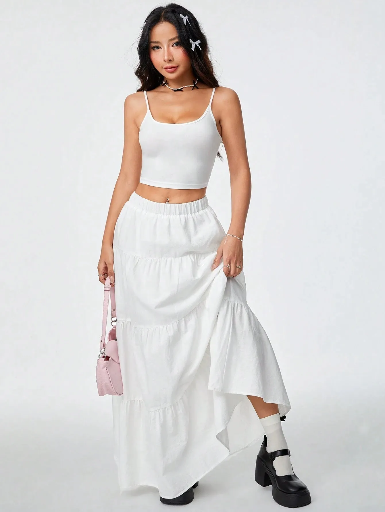 1set Solid Color Cami Top And Tiered Hem Skirt