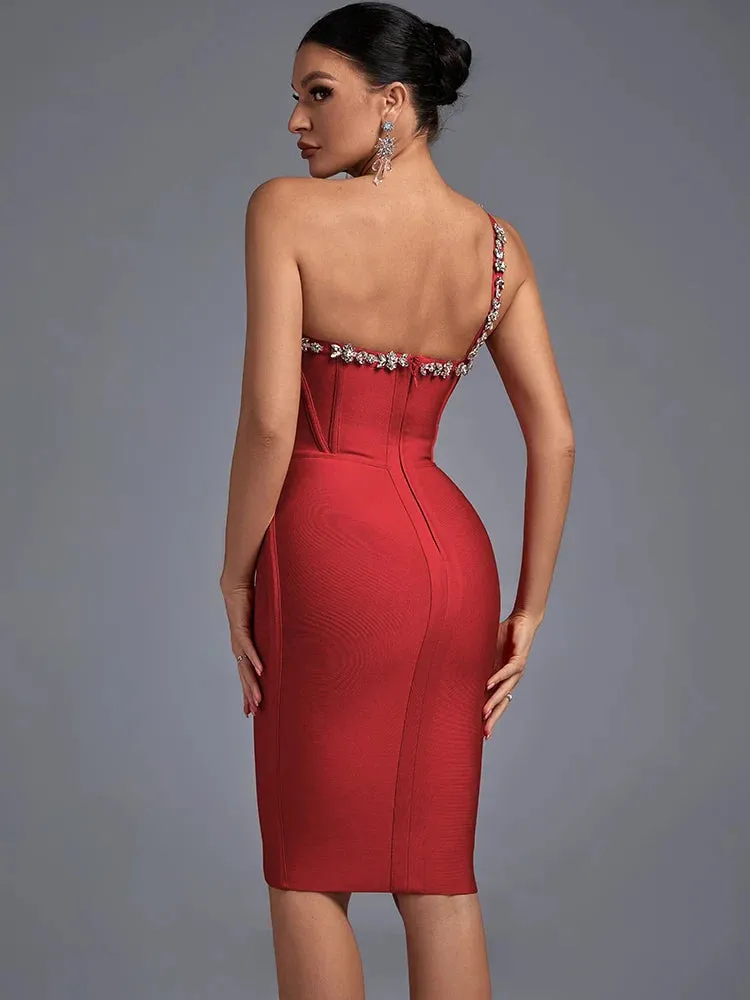 2024 Crystal Red Halter Neck Midi Evening Party Bodycon Dress