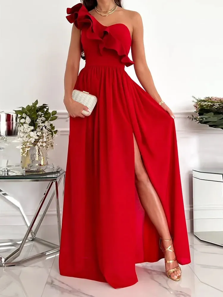 2024 Off Shoulder Diagonal Collar Ruffle Hem Evening Maxi Dress