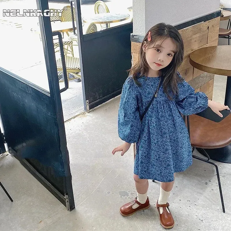 2024 Spring New in Kids Baby Girls Casual Clothes - Children Full Sleeve O-neck Floral Knee Length Dress ,toddler Outwear 2-7Y