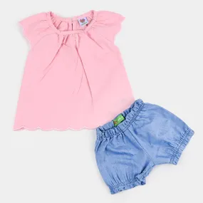 2PC Infant Girls Woven 2Pcs Suit Wave Edges - Baby Pink