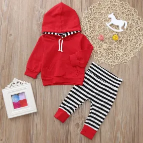 2PCS Baby Girls clothes Toddler Baby Long Sleeve Stripe Print Hooded Top Clothes Pants Set Outfit