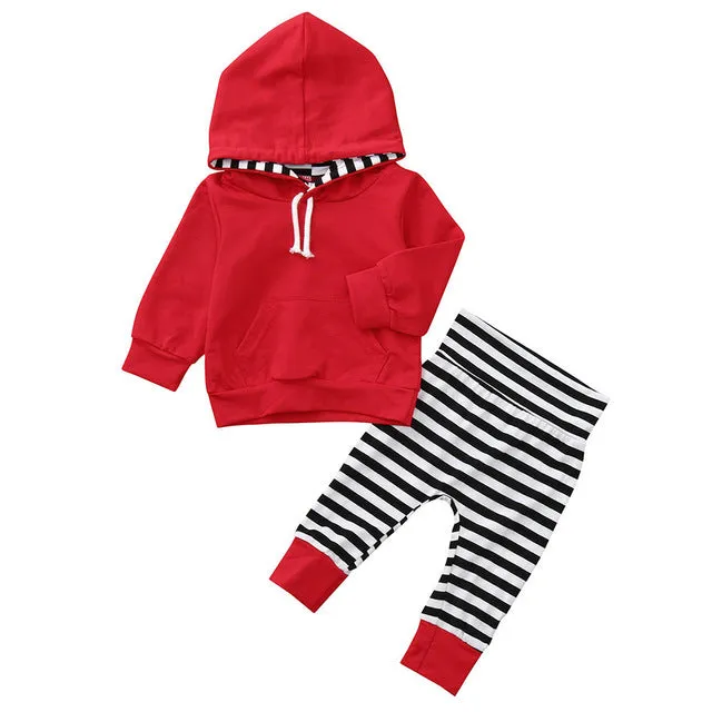 2PCS Baby Girls clothes Toddler Baby Long Sleeve Stripe Print Hooded Top Clothes Pants Set Outfit