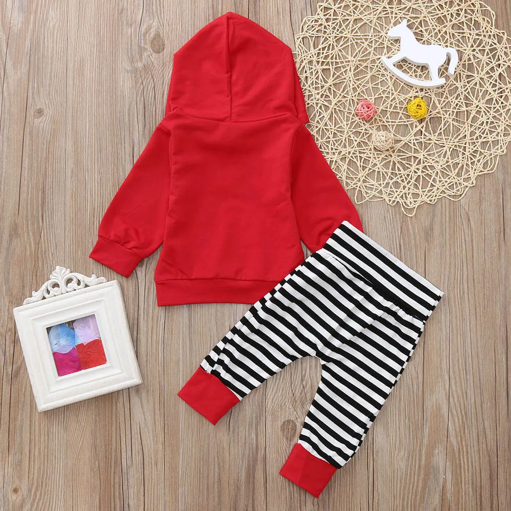 2PCS Baby Girls clothes Toddler Baby Long Sleeve Stripe Print Hooded Top Clothes Pants Set Outfit