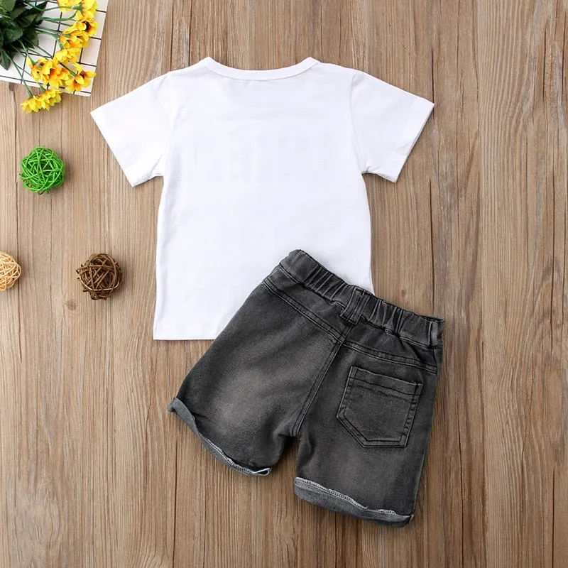 2PCS Kids Boy Clothes Summer Short Sleeve Cotton T-shirt Tops Denim Shorts Jean Outfit Kids 1-6Y