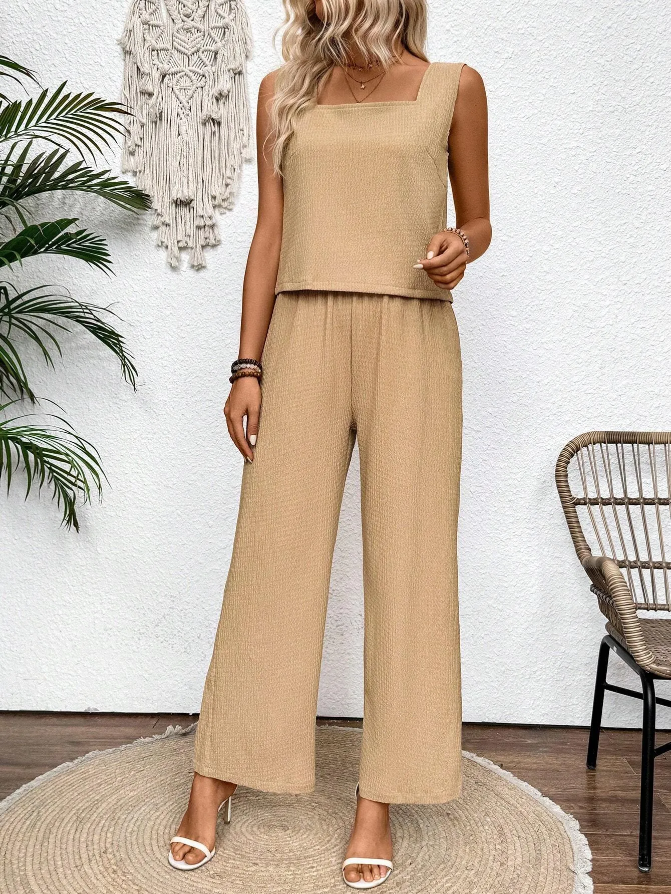 2pcs Pure Color Vacation Casual Square Neck Vest And Wide Leg Pants