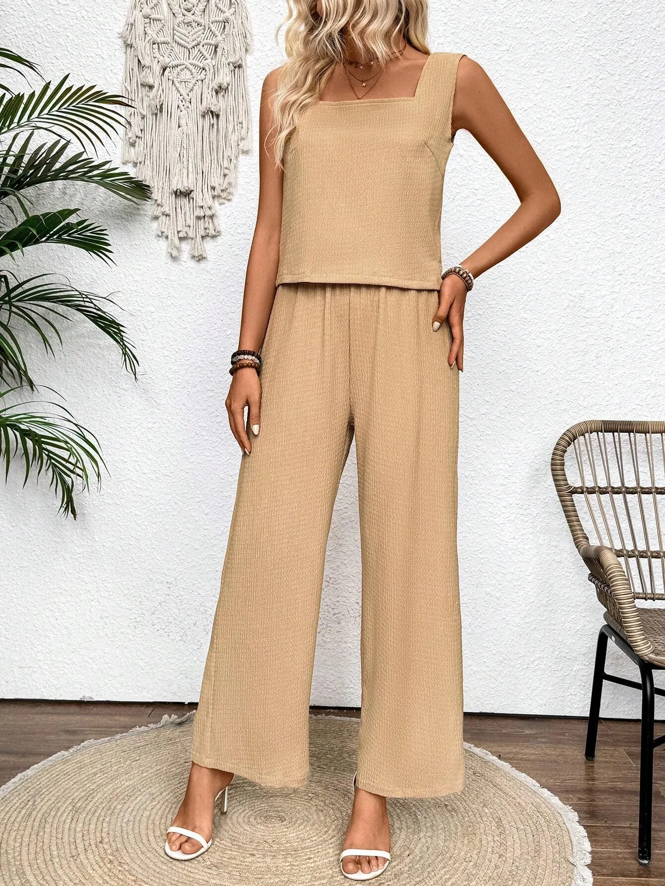 2pcs Pure Color Vacation Casual Square Neck Vest And Wide Leg Pants