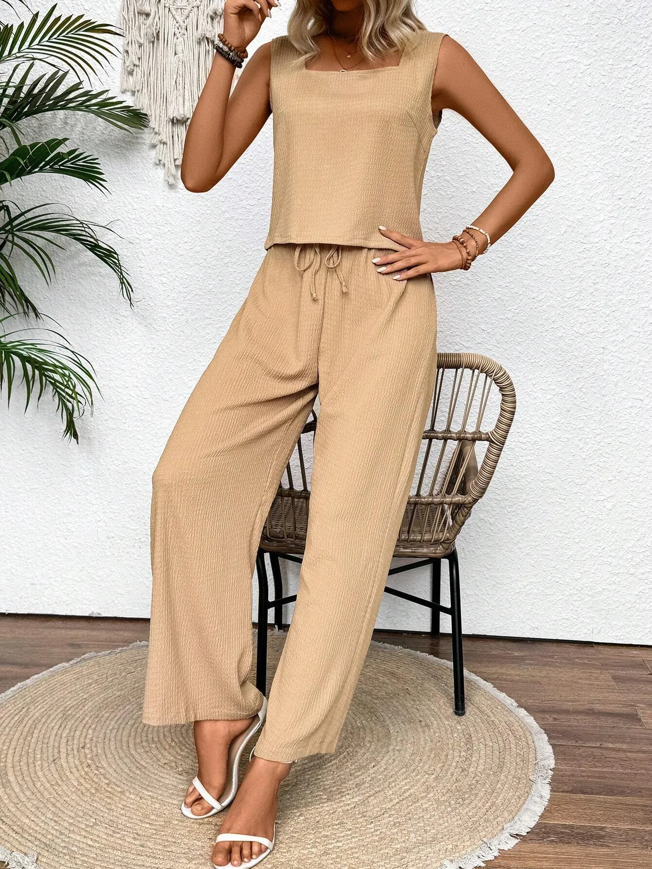 2pcs Pure Color Vacation Casual Square Neck Vest And Wide Leg Pants