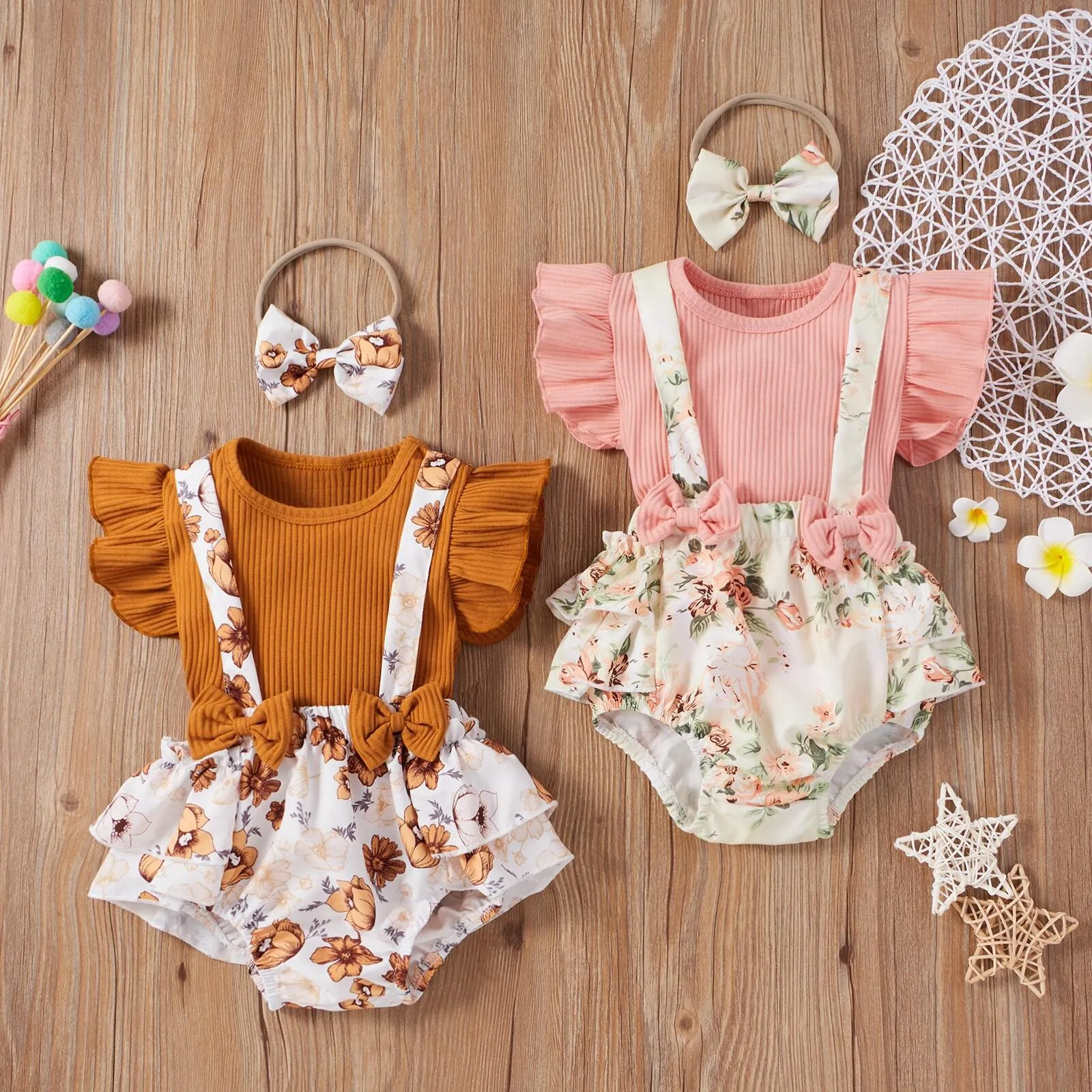 3 Colors Toddler Baby Girls Clothes Sets 3pcs Flower Printing Flying Sleeve Suspender Shorts  Headband Set