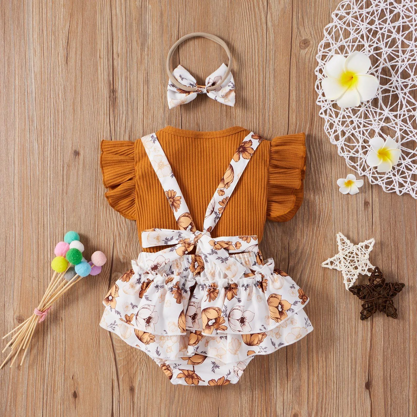 3 Colors Toddler Baby Girls Clothes Sets 3pcs Flower Printing Flying Sleeve Suspender Shorts  Headband Set