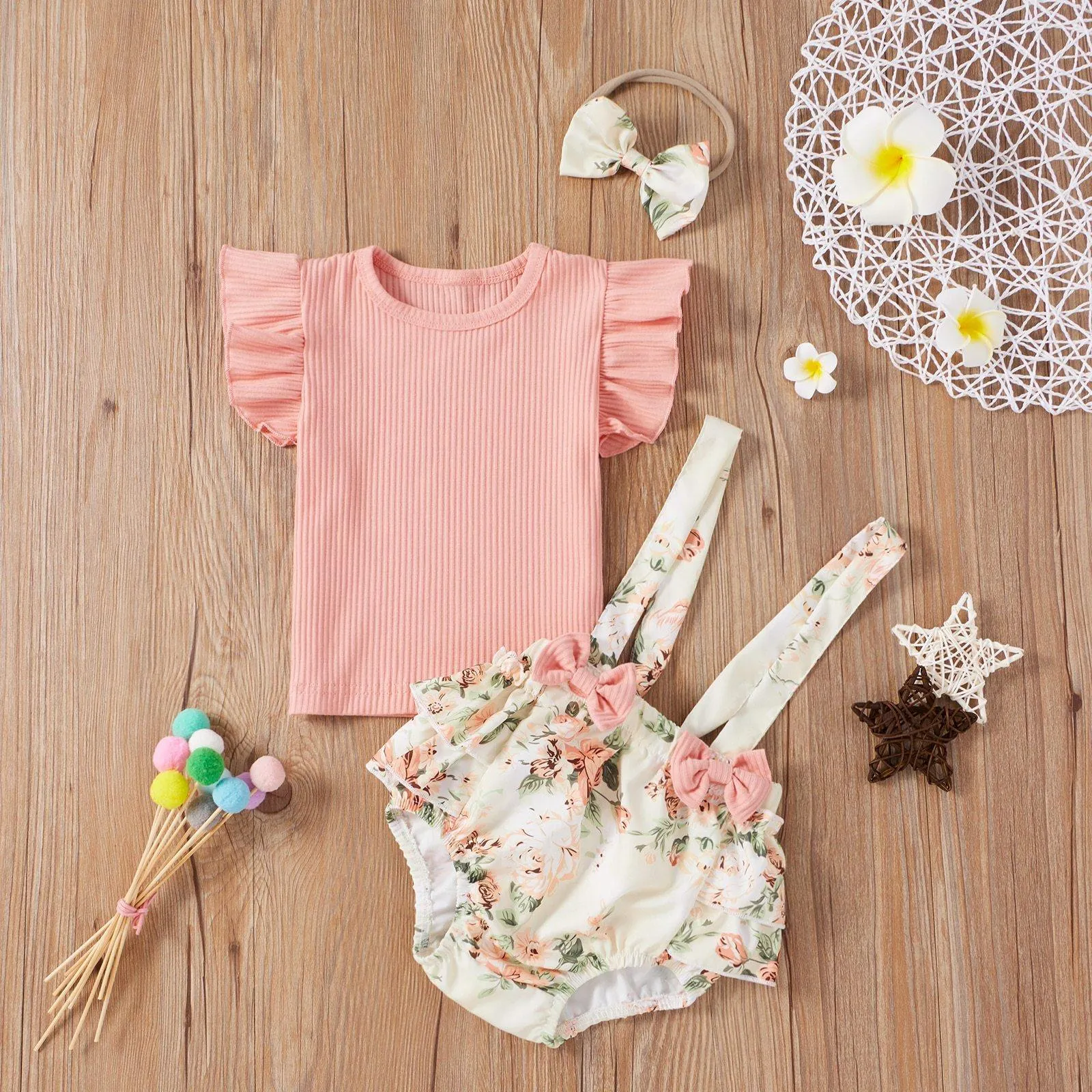 3 Colors Toddler Baby Girls Clothes Sets 3pcs Flower Printing Flying Sleeve Suspender Shorts  Headband Set