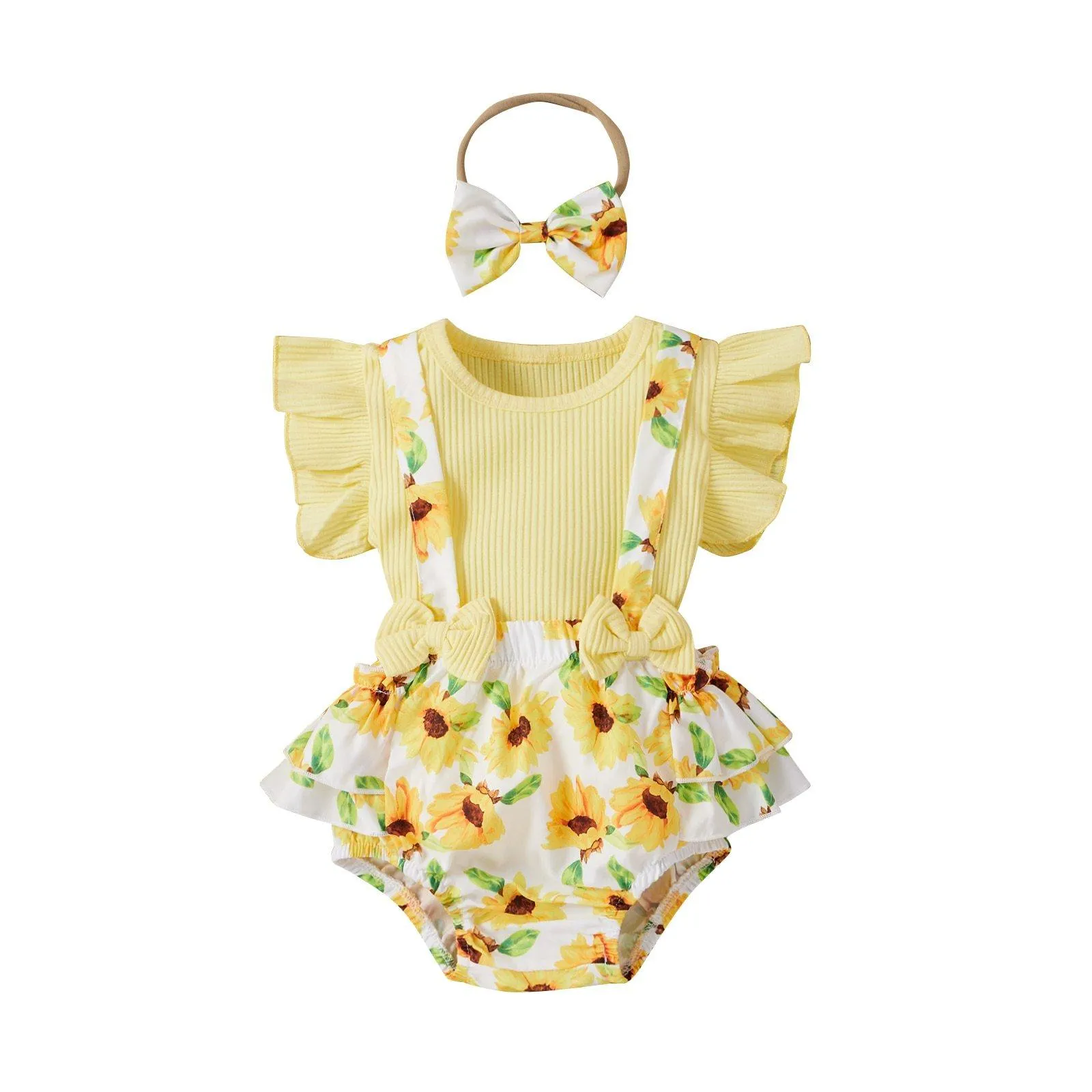 3 Colors Toddler Baby Girls Clothes Sets 3pcs Flower Printing Flying Sleeve Suspender Shorts  Headband Set