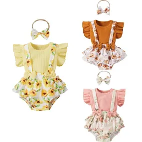 3 Colors Toddler Baby Girls Clothes Sets 3pcs Flower Printing Flying Sleeve Suspender Shorts  Headband Set