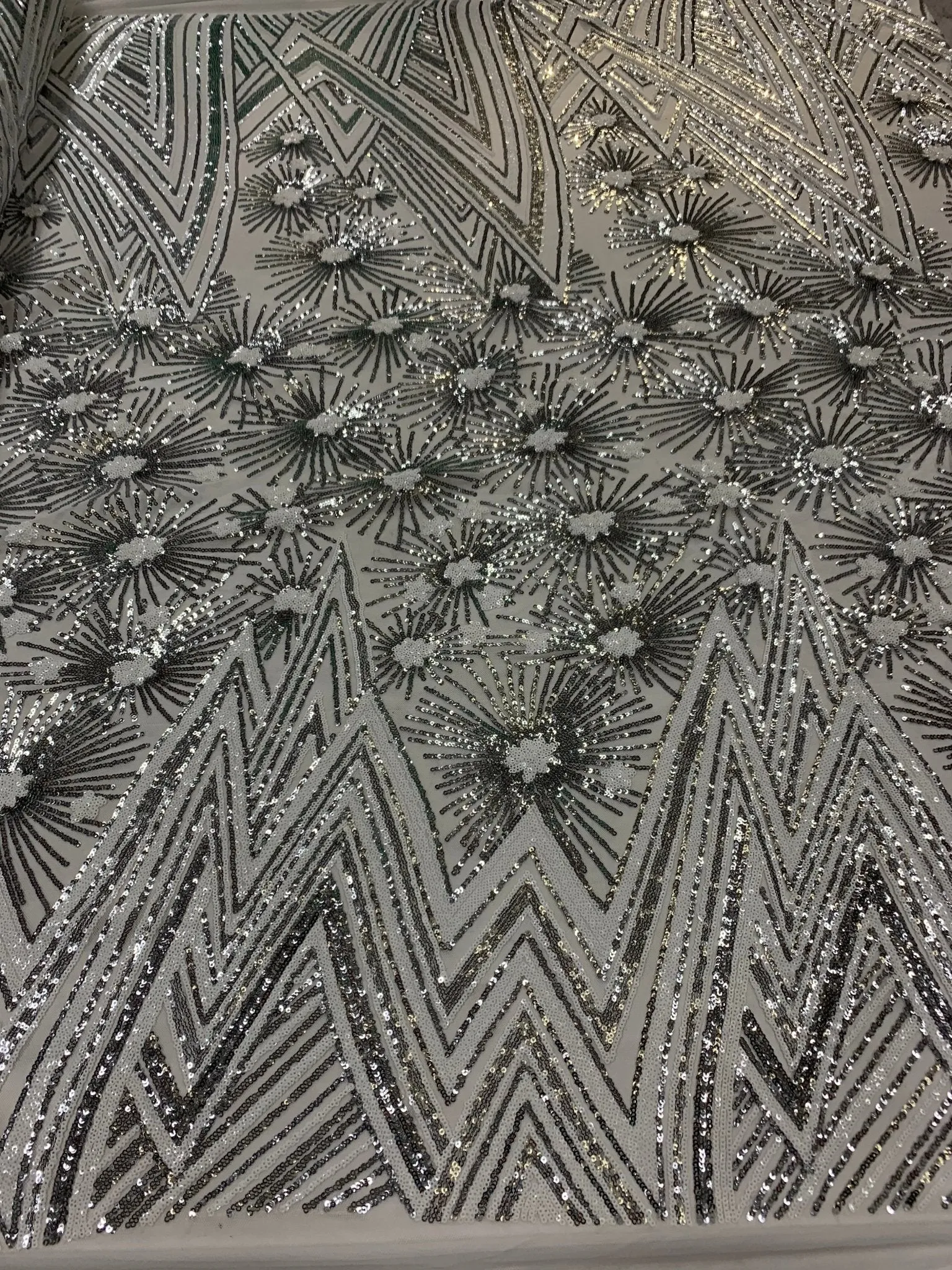 4 Way Stretch Iridescent Geometric Sequin Embroidered Mesh Lace Fabric