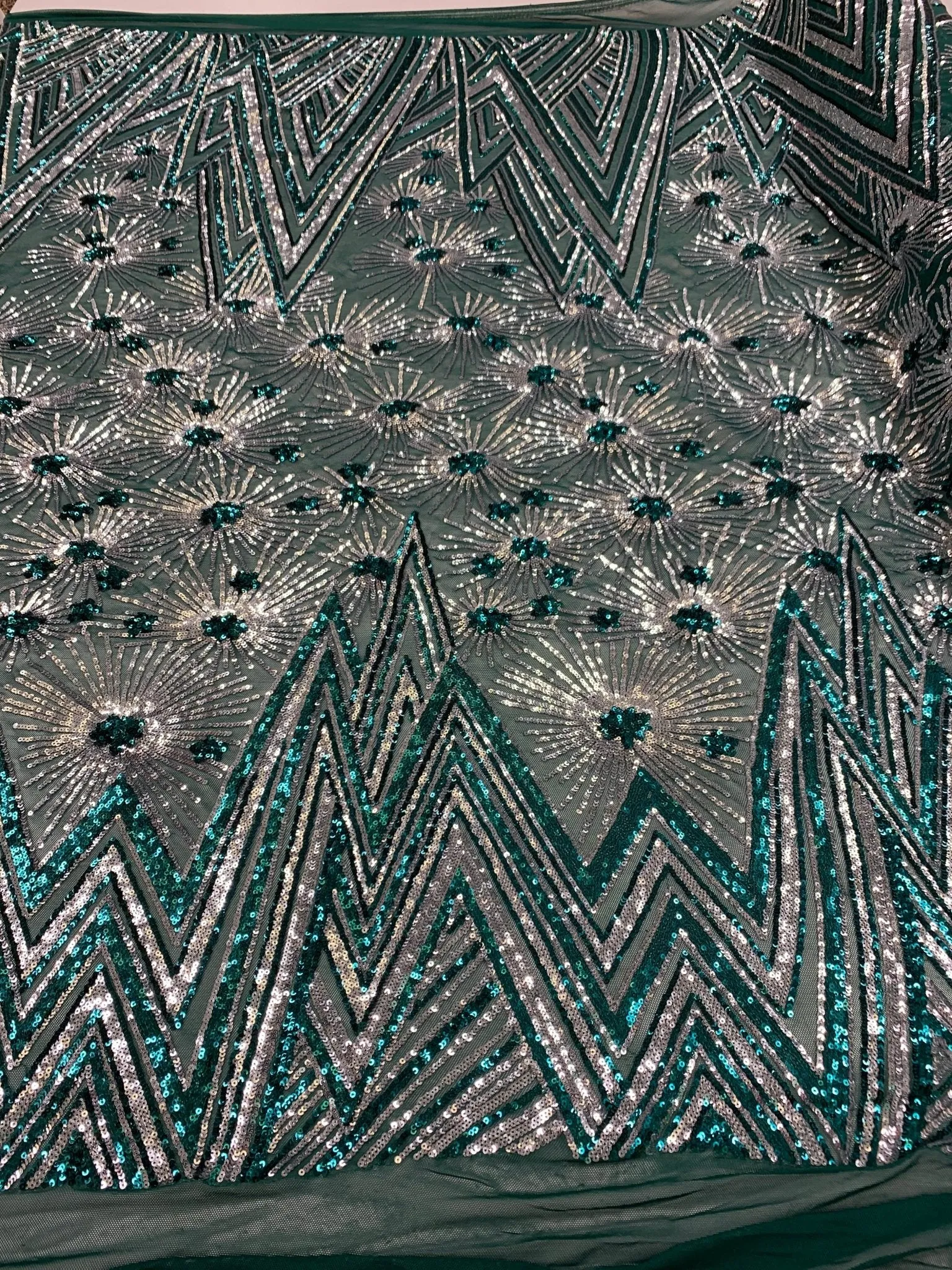 4 Way Stretch Iridescent Geometric Sequin Embroidered Mesh Lace Fabric