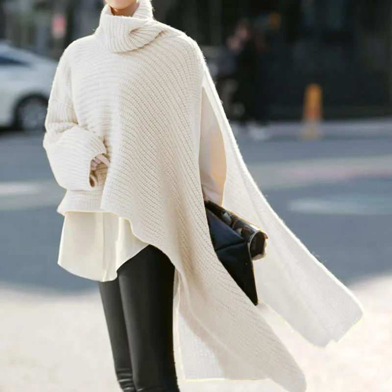 Asymmetric High Low Hem Split Drop Shoulder Funnel Neck Oversized Sweater