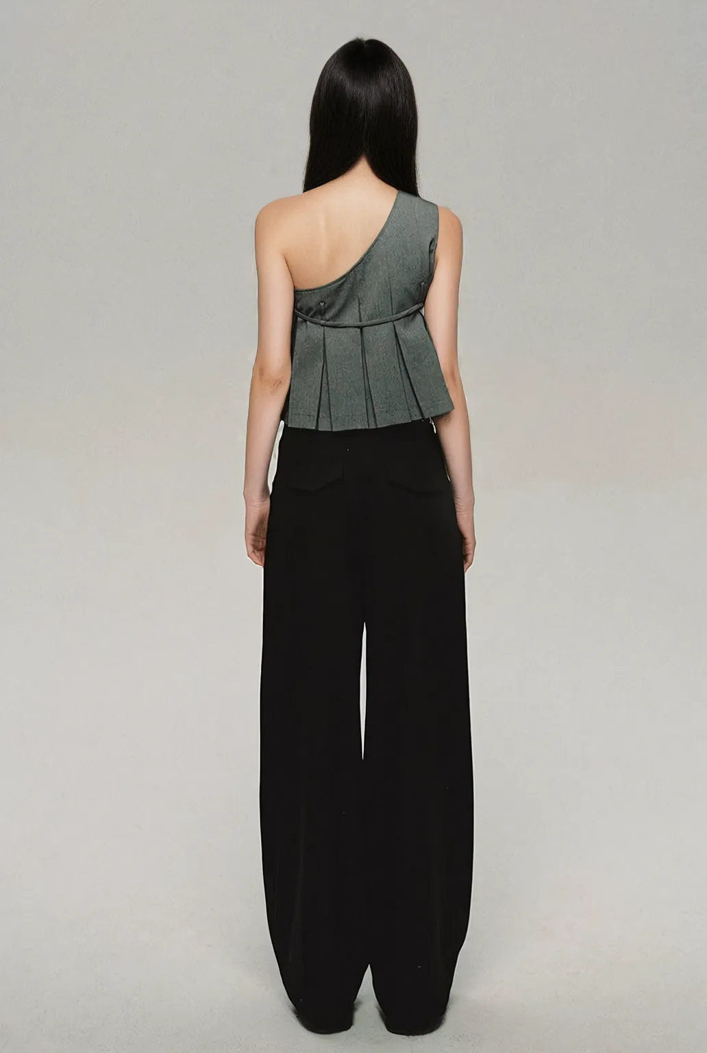 Asymmetric One-Shoulder Peplum Top with Ribbon-Tie