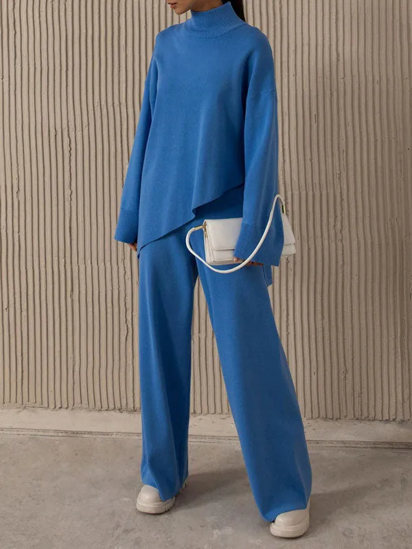 Asymmetrical Hem Turtleneck Knit Loungewear Set