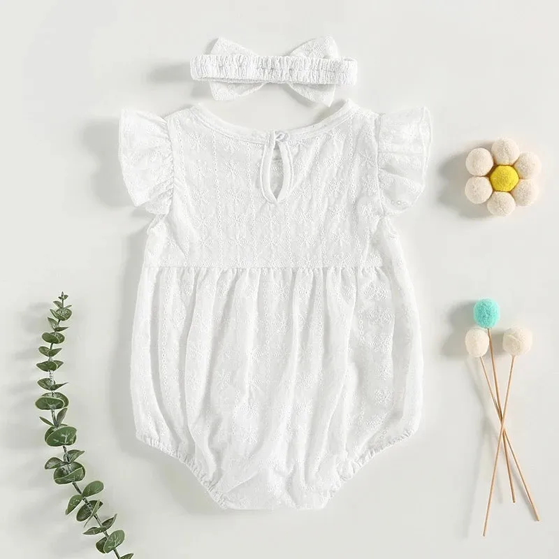 baby 0-18M Vintage Romper Ruffle Sleeveless, Baby Jumpsuit With Bow Headband Set