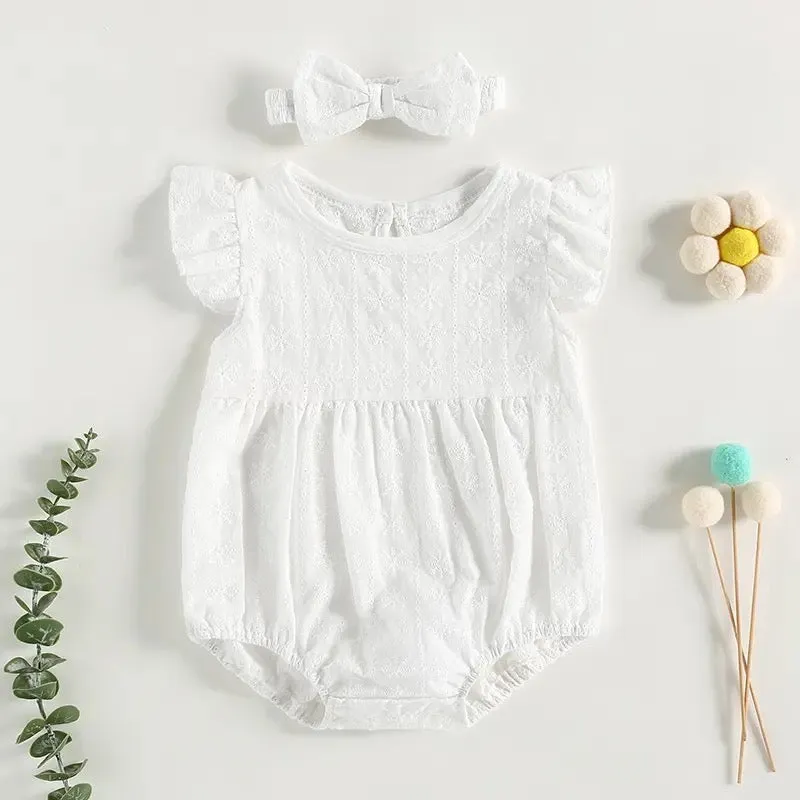 baby 0-18M Vintage Romper Ruffle Sleeveless, Baby Jumpsuit With Bow Headband Set