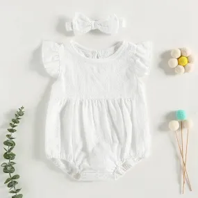 baby 0-18M Vintage Romper Ruffle Sleeveless, Baby Jumpsuit With Bow Headband Set