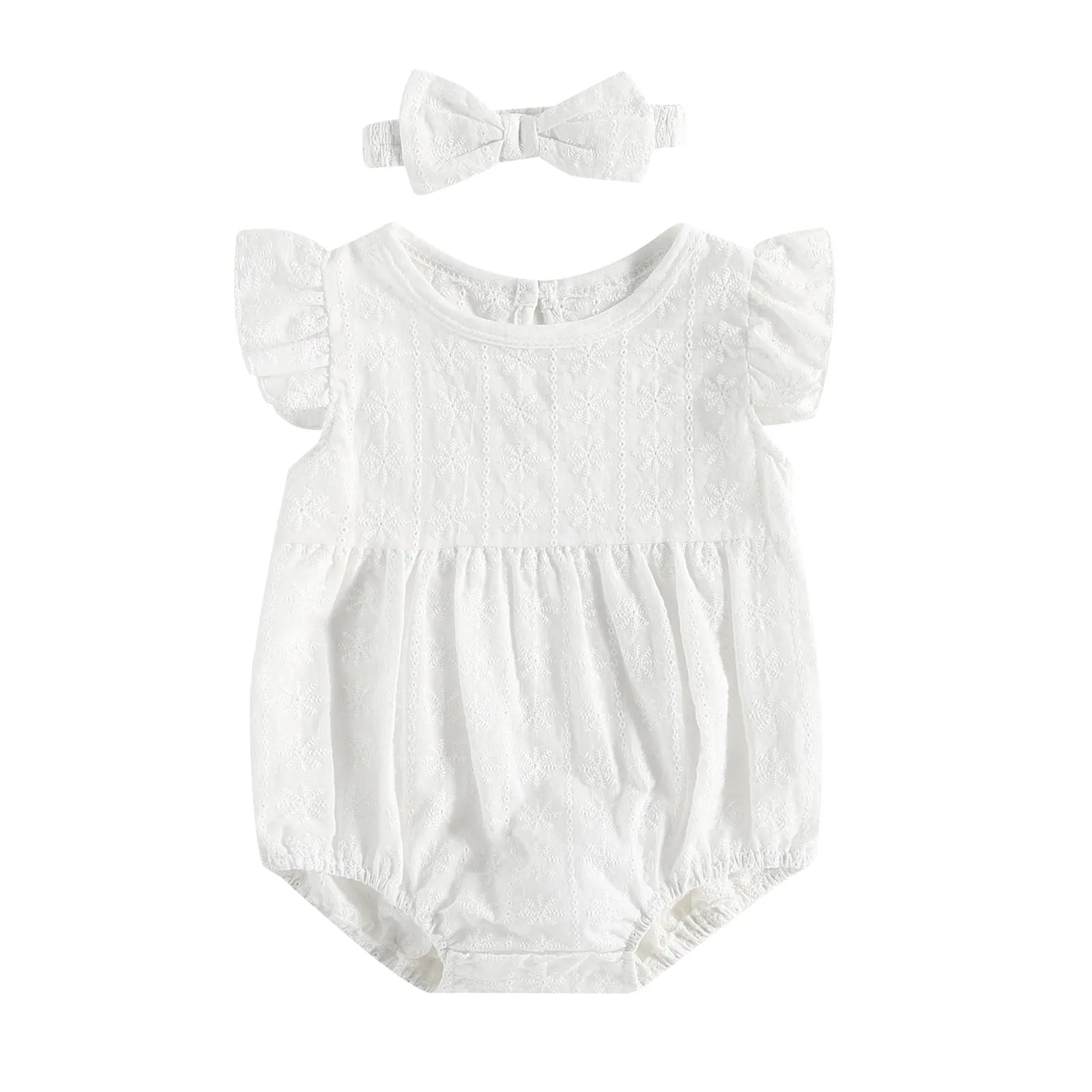 baby 0-18M Vintage Romper Ruffle Sleeveless, Baby Jumpsuit With Bow Headband Set