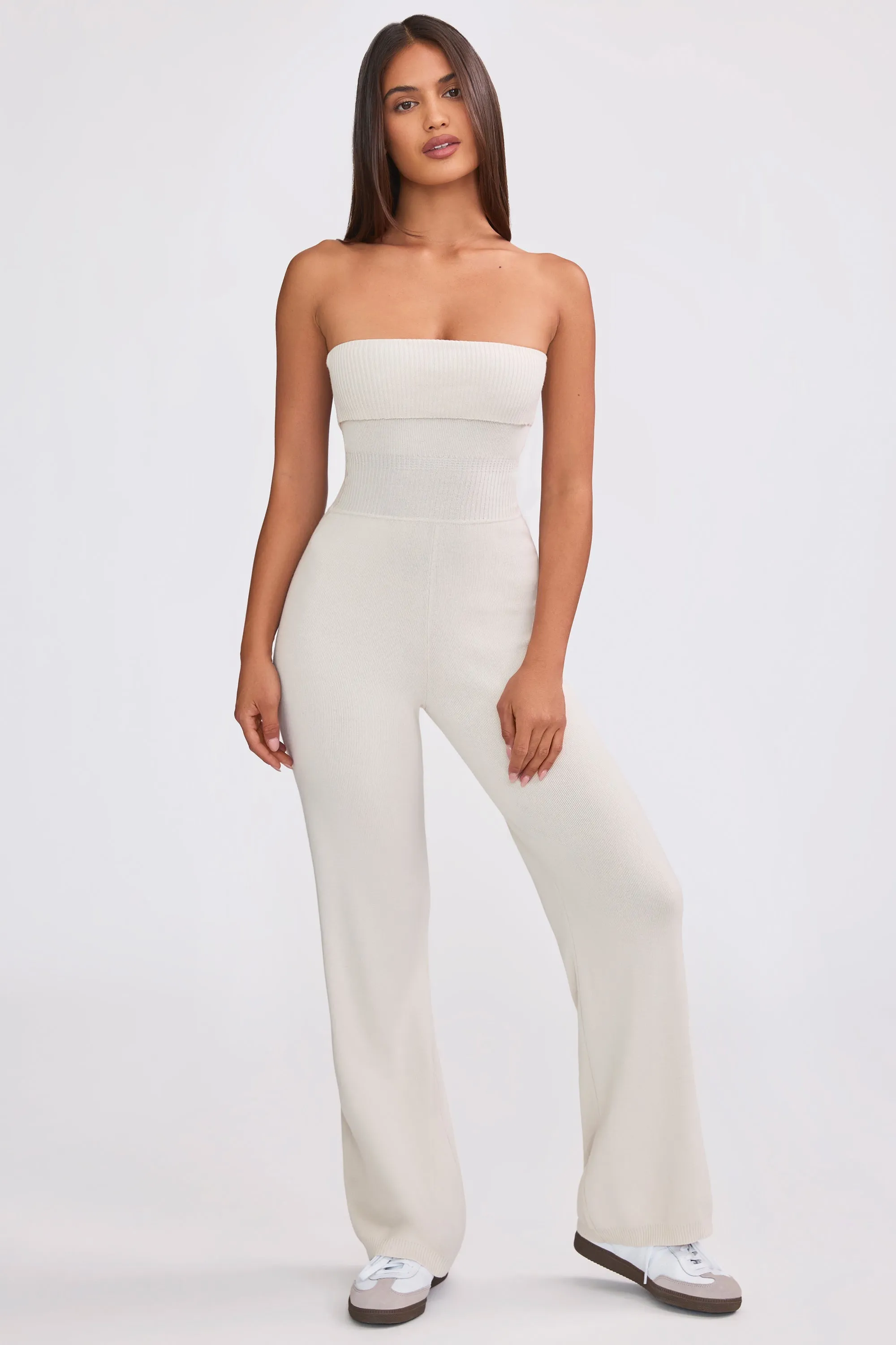 Bandeau Kick Flare Chunky Knit Jumpsuit in Cream