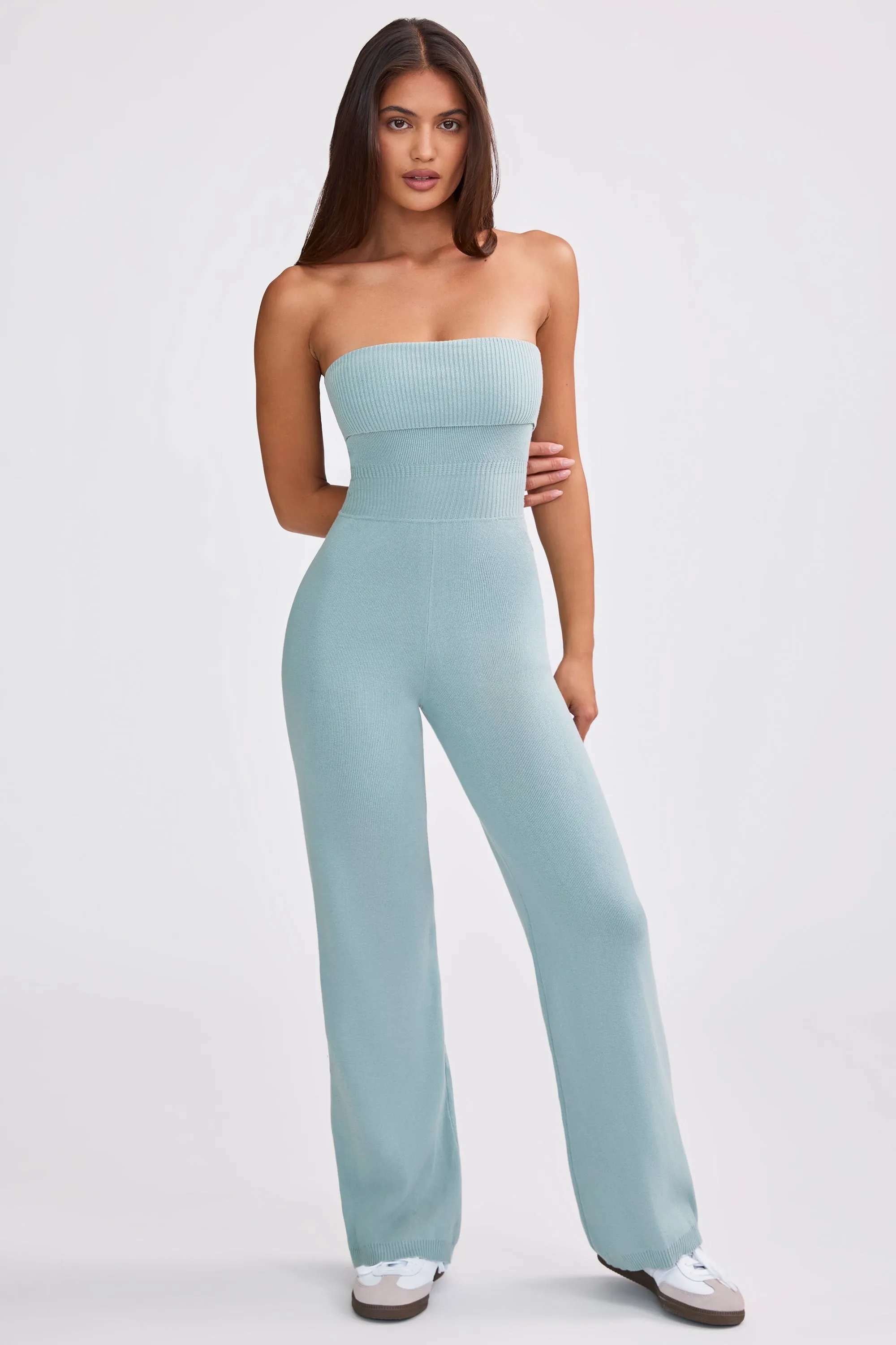 Bandeau Kick Flare Chunky Knit Jumpsuit in Dusty Teal