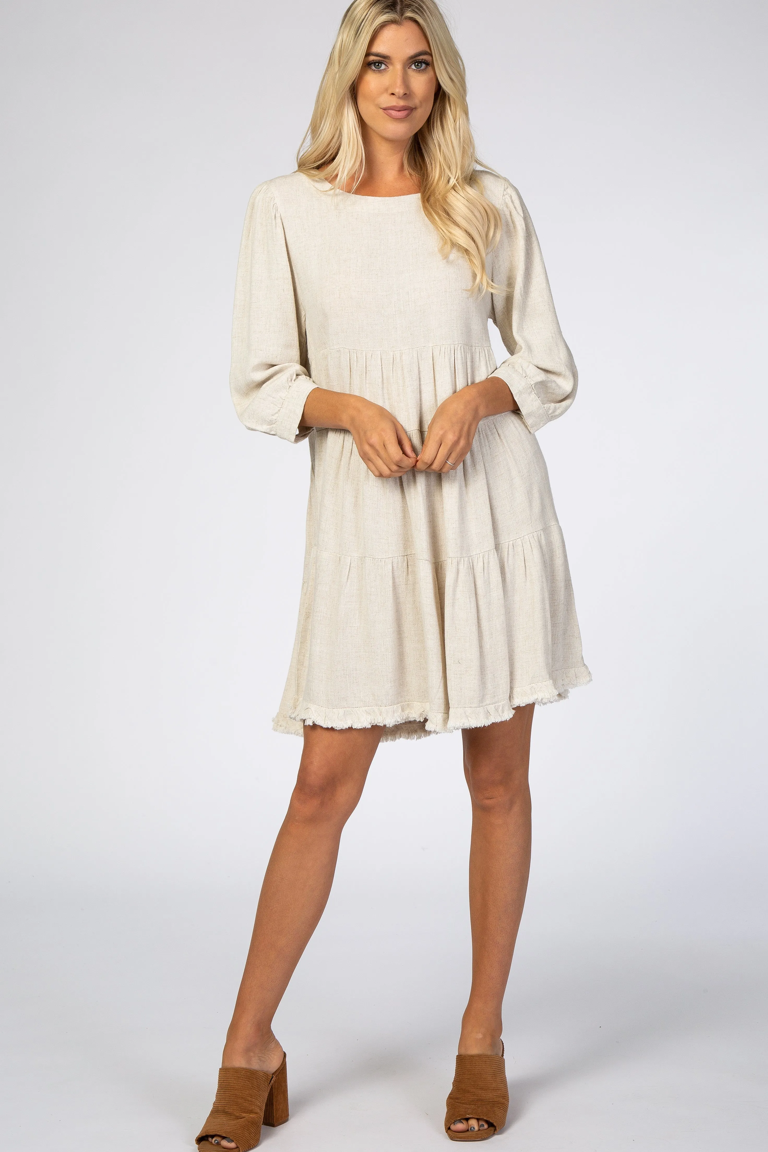 Beige 3/4 Sleeve Pleated Tier Fringe Hem Maternity Dress