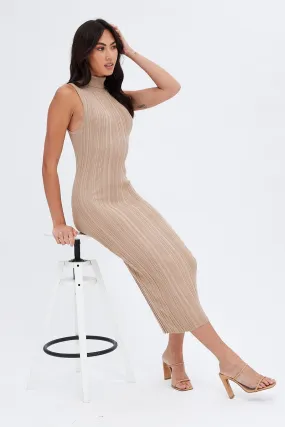 Beige Midi Dress Turtle Neck Bodycon Knitted Rib