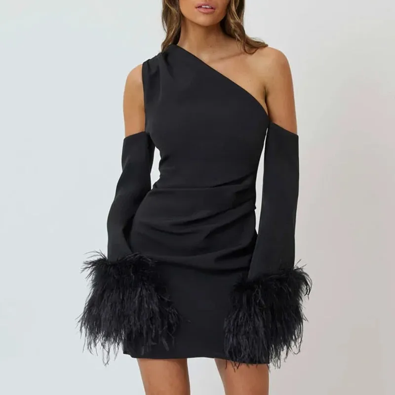 BerriesJam - 2024 One Shoulder Long Sleeve Feathers Mini Dress