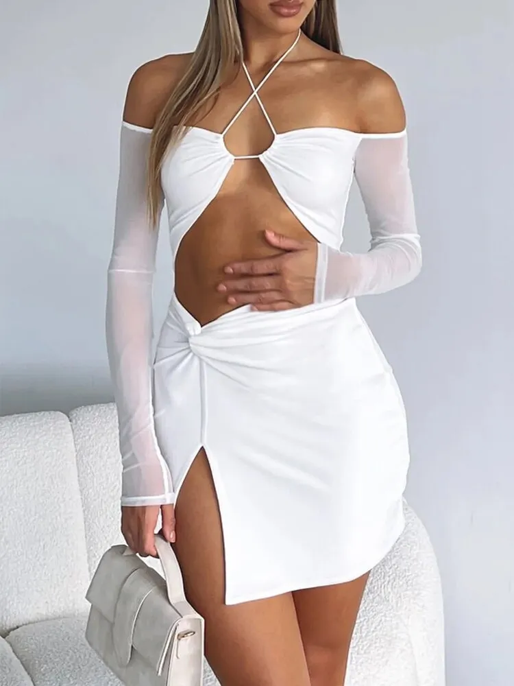 BerriesJam - 2024 Solid Backless Off The Shoulder Split Halter Bodycon Dress