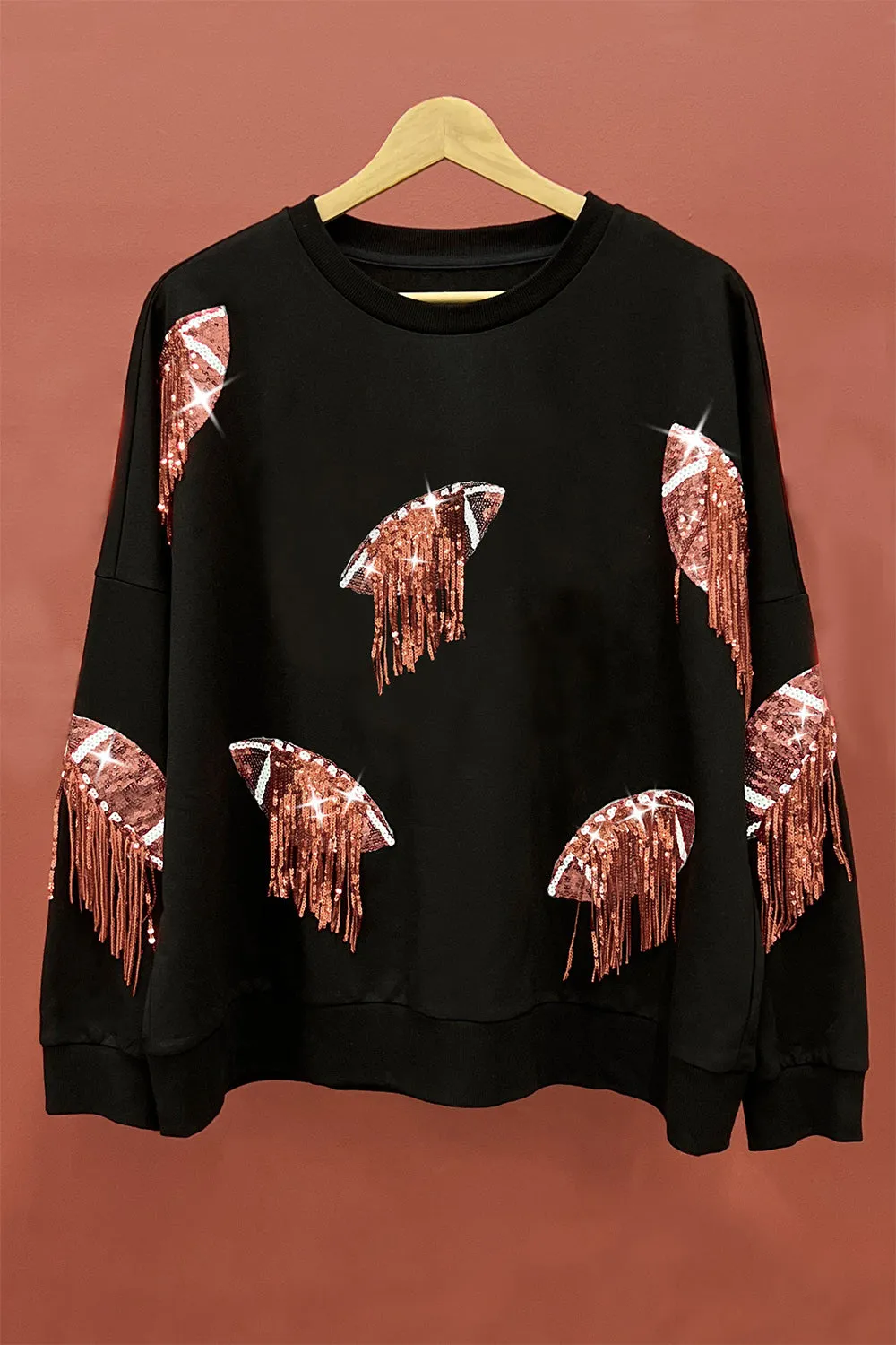 BiBi Sequin Fringe Football Patch Round Neck Sweatshirt