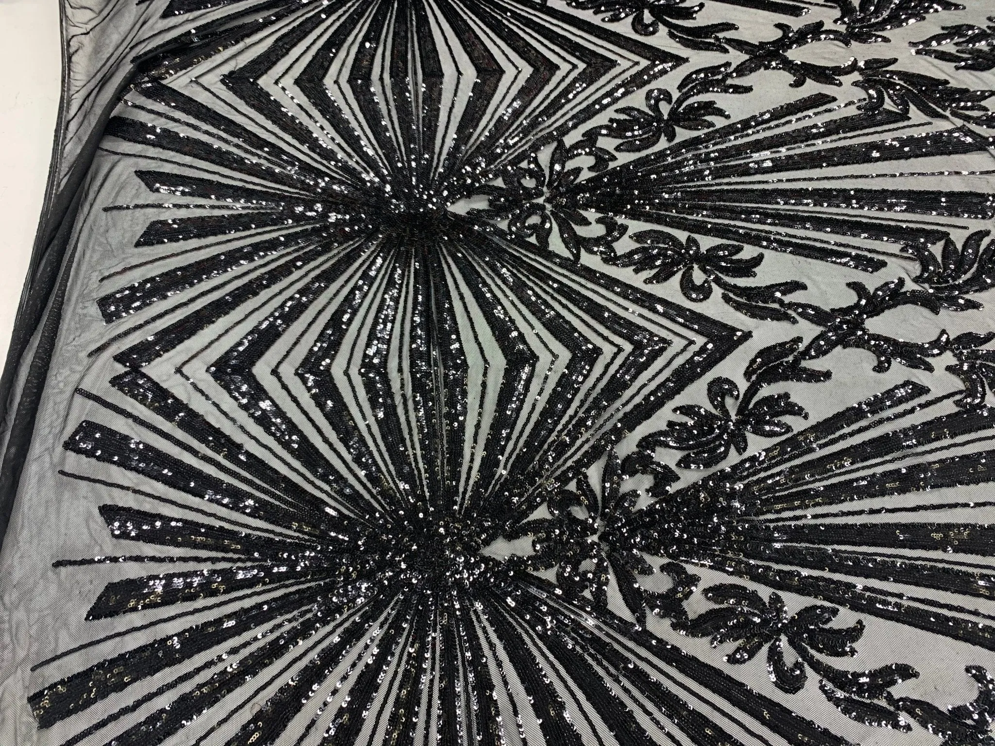 Black Luxury Stretch Sequin Bridal Embroidery on Black Mesh Lace Fabric