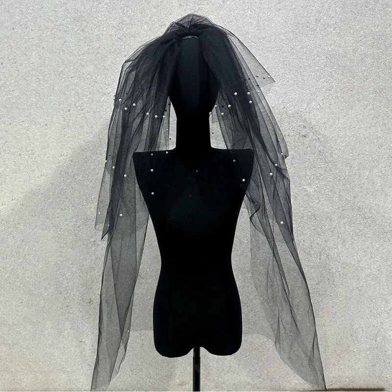 Black Multi-Layered Pearl Bridal Veil