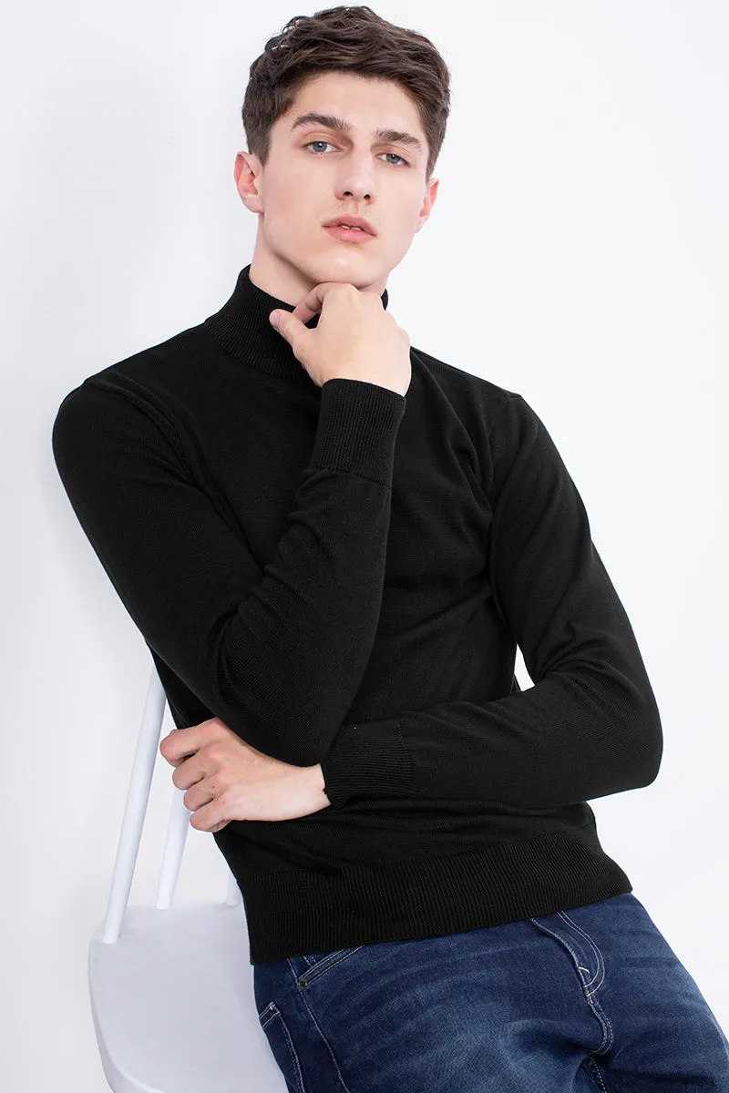 Black Solid Rib-Knit Turtle Neck Sweater