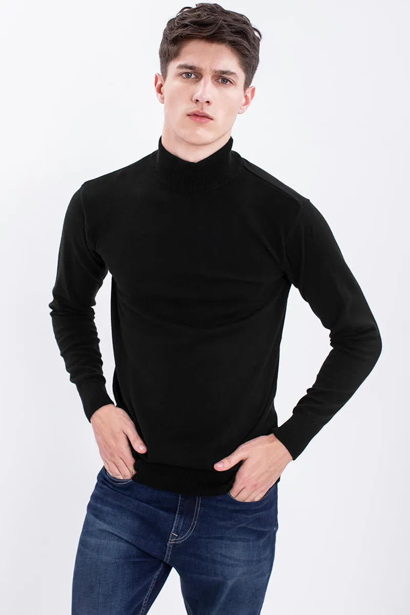 Black Solid Rib-Knit Turtle Neck Sweater