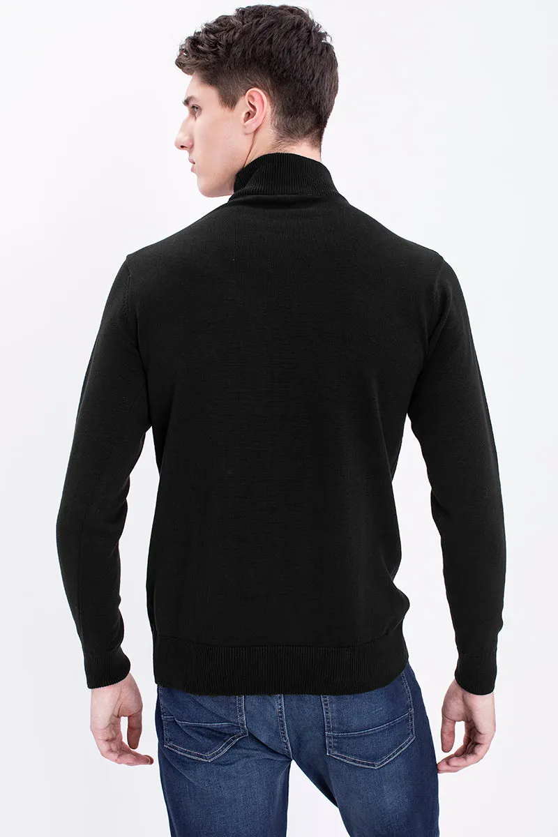 Black Solid Rib-Knit Turtle Neck Sweater