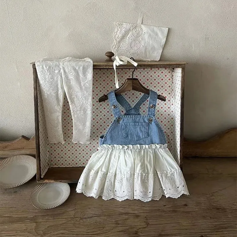 Blue and White Denim Dungaree Dress with Lace Skirt for Kids